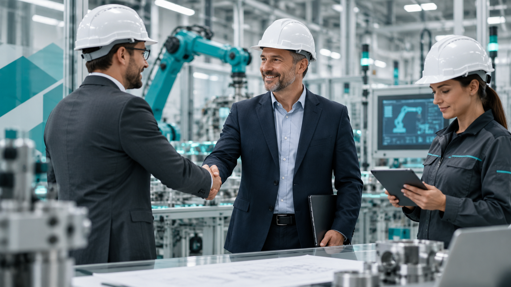Ejecutivos cerrando un acuerdo en un entorno de automatización industrial