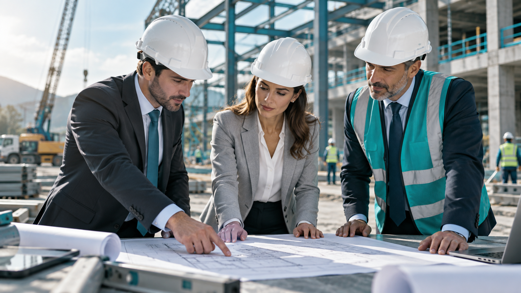 Equipo ejecutivo y técnico revisando planos en una obra en construcción